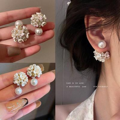 Faux Perle Zwei-seitige Shell Zirkon Ohrring Elegante Mode Frauen Glänzende Kristall Imitation Perle Handgemachte Ohrringe Partei Schmuck Geschenk