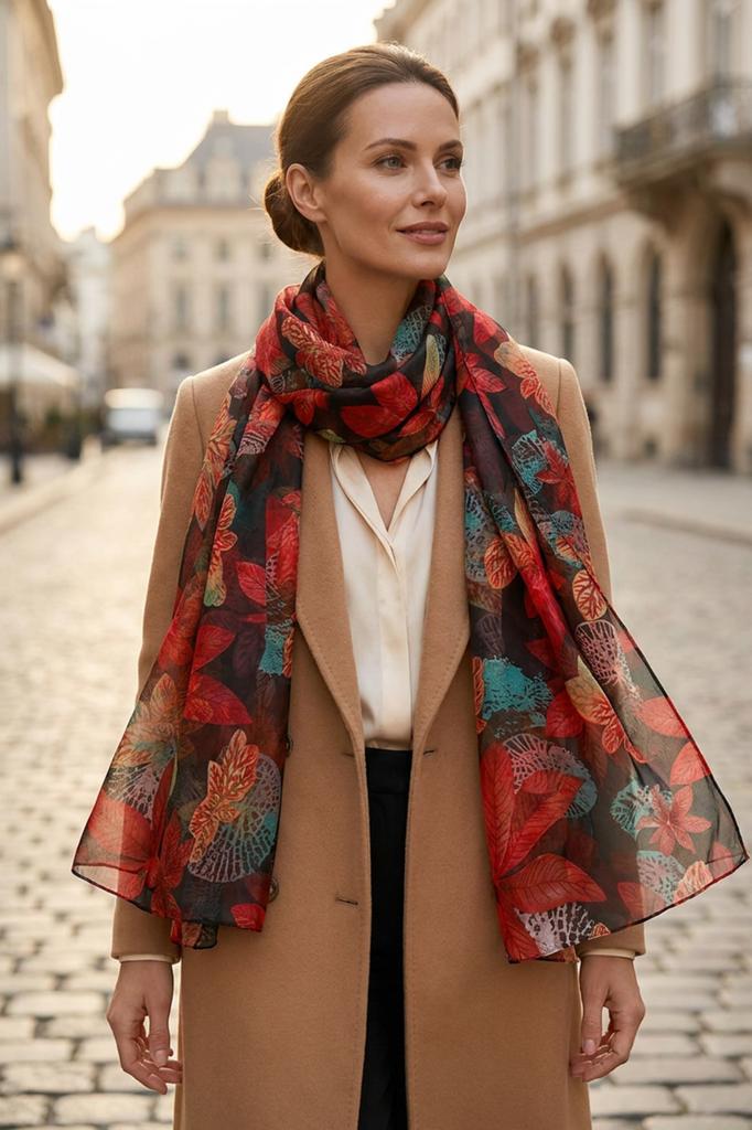 Black Scarf with a Colorful Leaf Pattern - Autumn Accent with a Touch of Exoticism