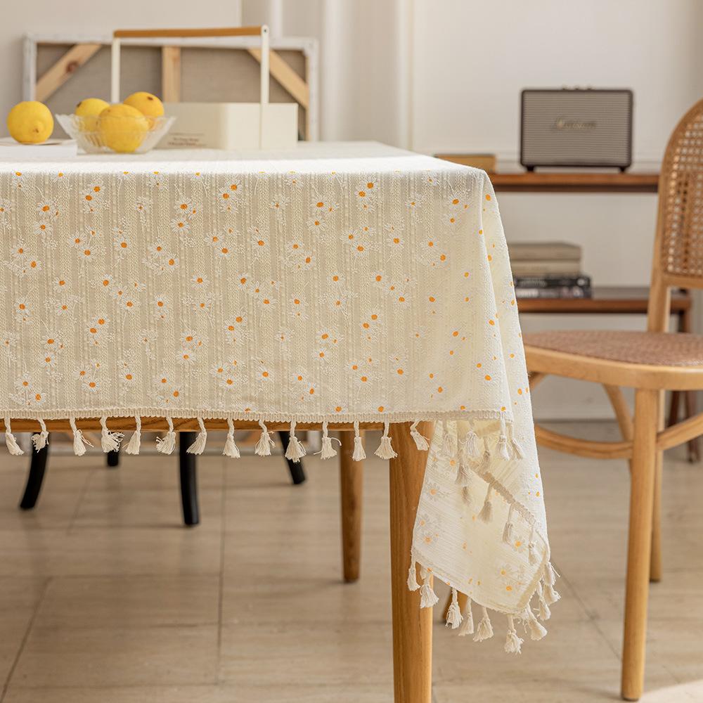 1PC Rural Floral Daisy Lace Tassels Cotton Rectangle Table Cover for Tea Table Decorations Kitchen Living Room Wedding Party Use
