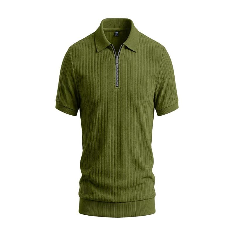 Men Solid Vertical Stripe Half Zip Turn Down Collar Short Sleeve Casual Large Size Polo T Shirt