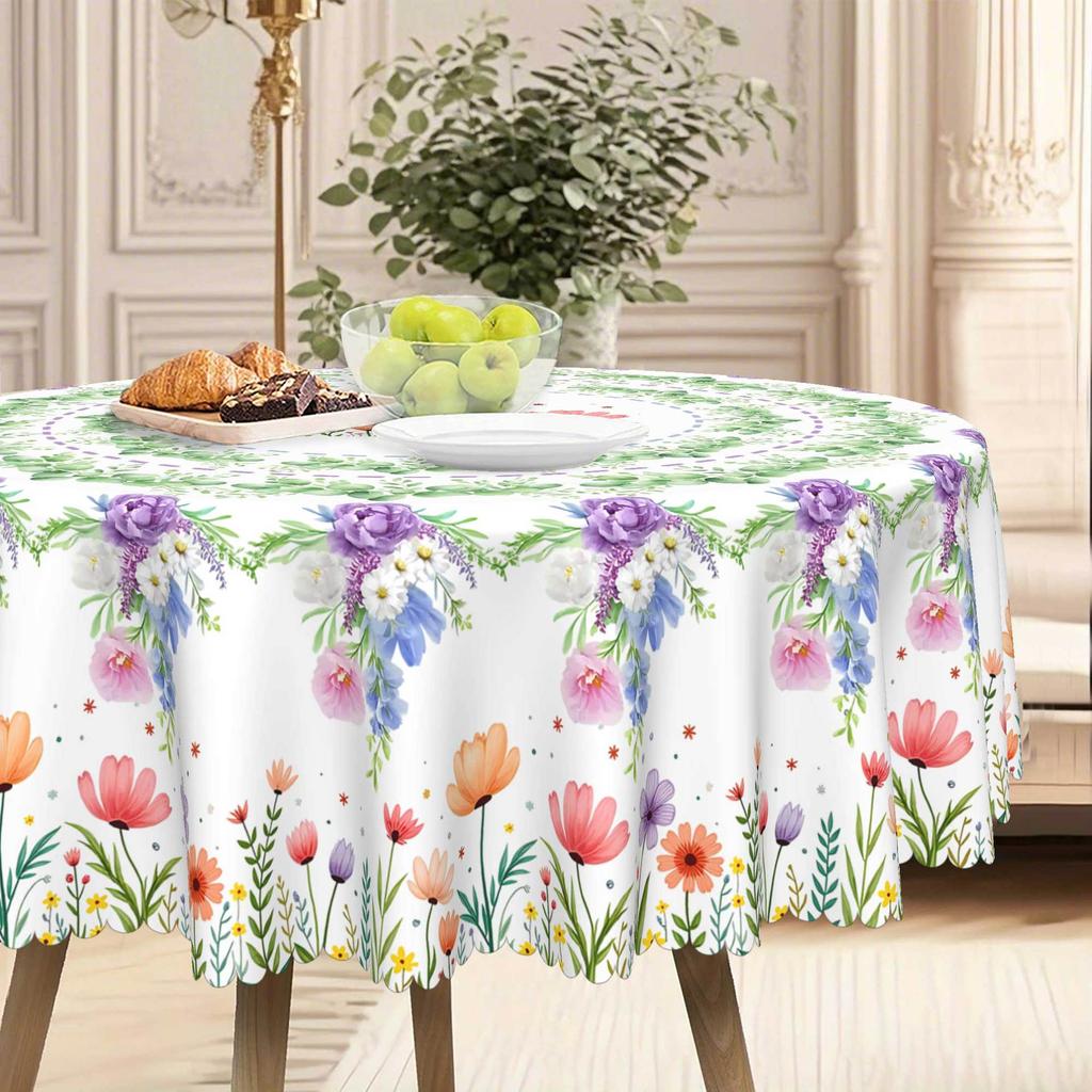 Pastoral Flower And Bird Tablecloth, Round Table Cloth, Dining Room Decorative Cloth, Green Leaf Flower Pattern, Round Table Cloth.