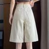 Off White Ripped Denim Shorts for Women In Summer Thin Mid Length A-line High Waist Wide Leg Five Quarter Pants