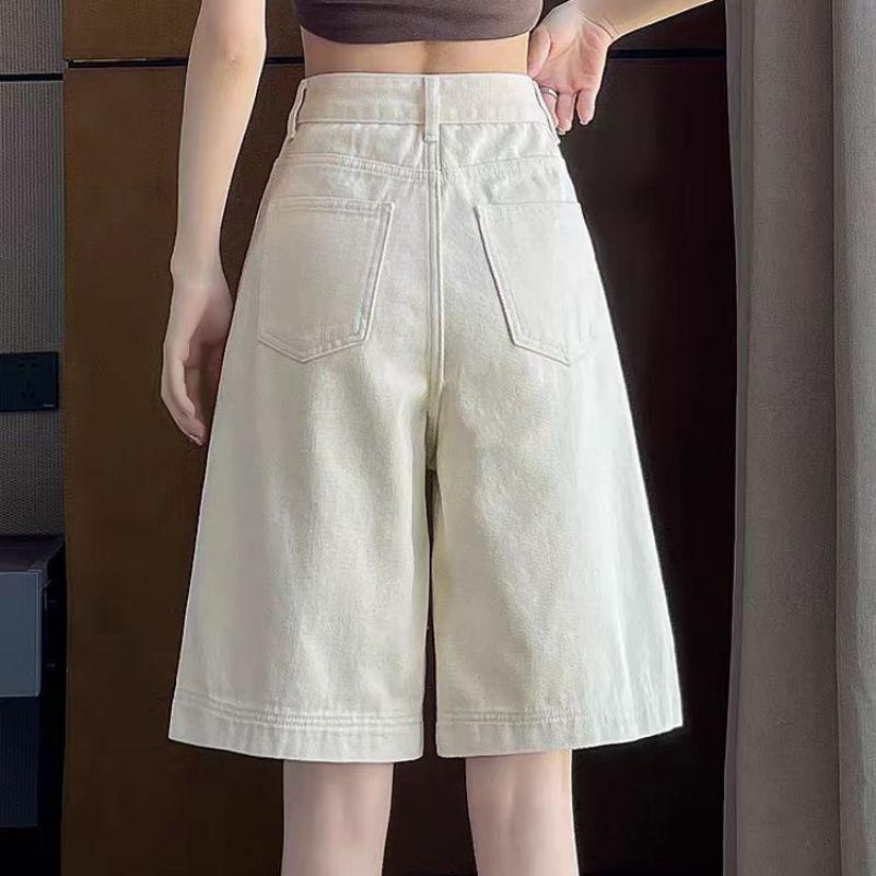 Off White Ripped Denim Shorts for Women In Summer Thin Mid Length A-line High Waist Wide Leg Five Quarter Pants
