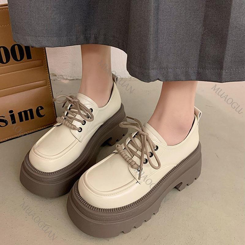 Fashion Women Spring Autumn Thick Bottom Leather Pumps Retro Round Head Lace Up Mary Janes Shoes Middle Heel Casual Loafers for Women