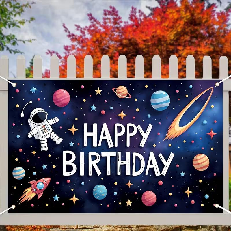 2D Boys Astronaut Birthday Backdrop, Planet & Star Banner, Space Themed Birthday Party Decor