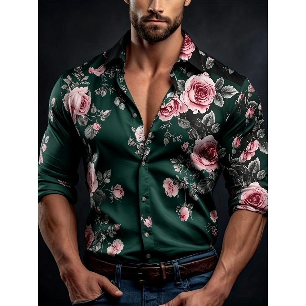 Men's Contrasting Rose Print Long Sleeved Shirt with Slim Fit Collar Shirt for Vacation Parties and Street Fashion Tops