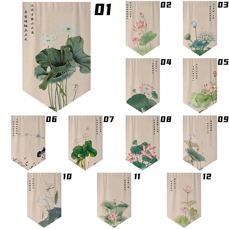 Chinese Style Lotus Printed Short Curtain Kitchen Partition Restaurant Half-Curtain Home Doorway Bedroom Decor Window Drape