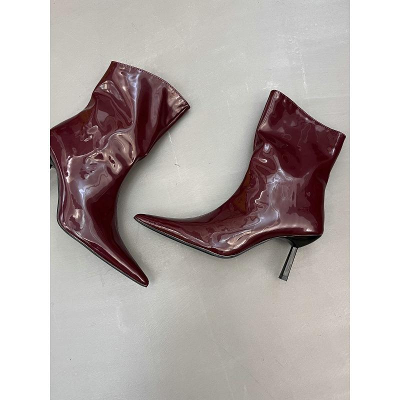 High-heeled Short Boots In the Autumn and Winter of 2025, New European and American Versatile Pointed Patent Leather Retro Thin Boots, Thin-heeled Red