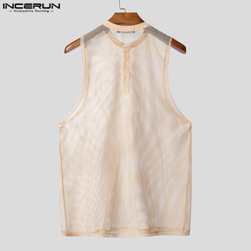 INCERUN Men Sleeveless See Through Hollow Out Loose Tank Tops