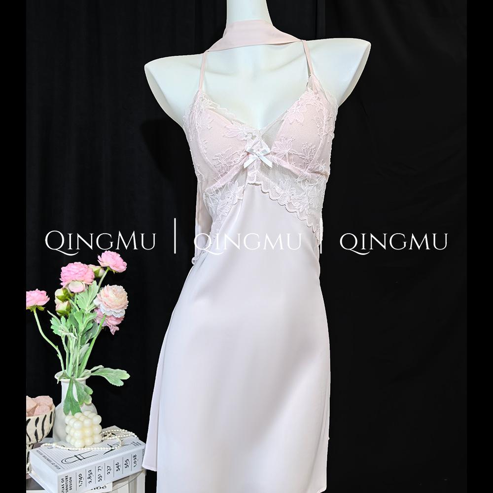 New acetate silk suspender nightgown women's 1011 spring and summer sexy pajamas with chest pads hollow nightgown thin summer