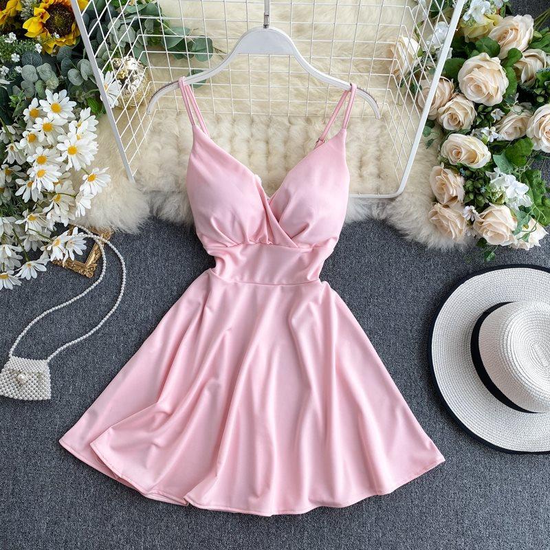 Spring Dress For Women V-Neck Open Back Waist-Cinching High-Waisted Slimming Solid Color Camisole Slip Dress A-Line Dresses