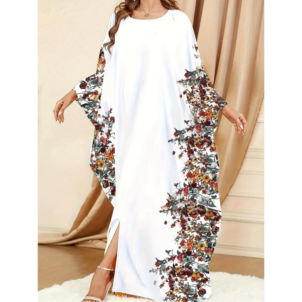 Caftano con stampa floreale Ramadan, scollo rotondo, elegante abito lungo con spacco e maniche a pipistrello, abbigliamento da donna