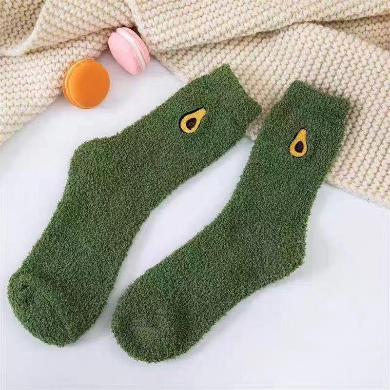 Kawaii Women's Fruit Embroidery Socks Fluffy Warm Plush Socks Female Fashion Winter Coldproof Floor Sleep Socks Snow Terry Sock