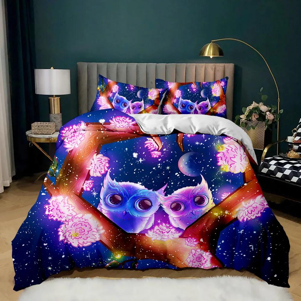 Eulen Bettbezug Entzückend Lustig Cartoon Weich Mikrofaser Eulen Steppdeckenbezug Tier Einzel Polyester Bettwäscheset Doppel Queen King Size