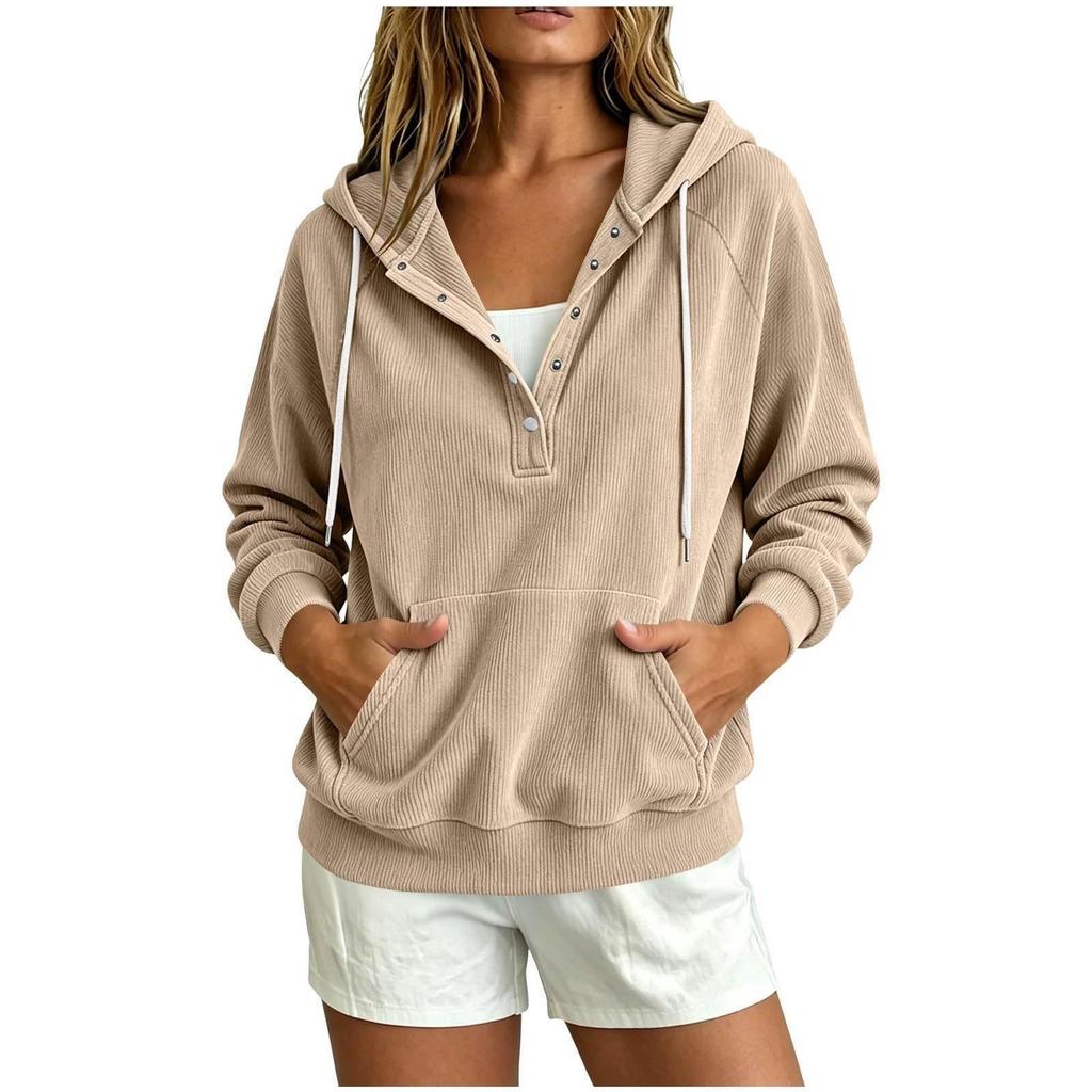 2026 Autumn Women's Corduroy Hooded Sweatshirt with Button-Front and Drawstring - Loose Fit European and American Style.