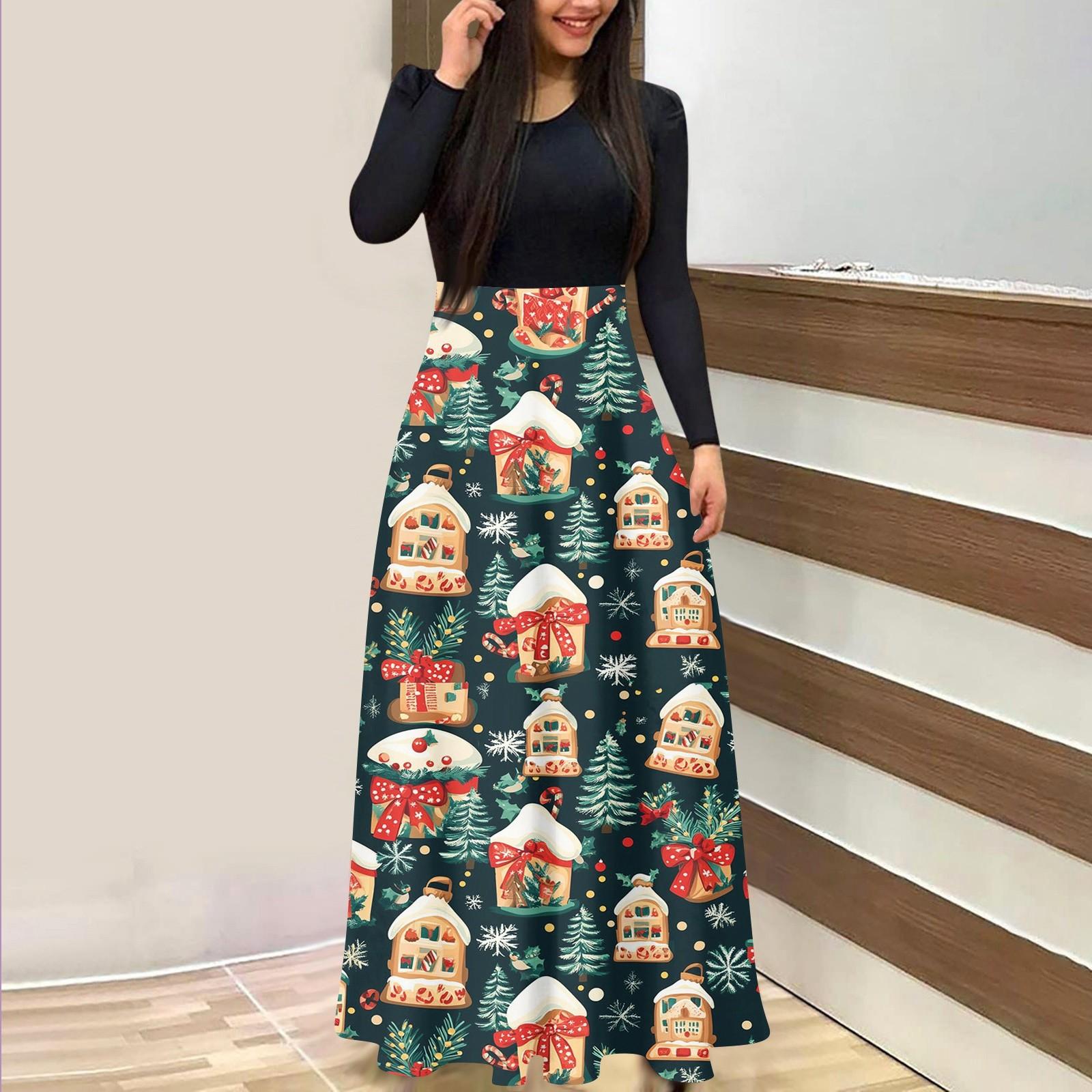 

Женское модное повседневное платье с рождественским принтом, круглым вырезом и длинными рукавами M тёмно-синий