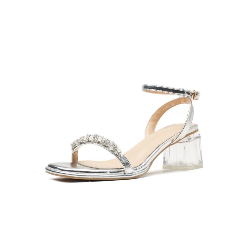 Coarse-heeled sandals women's summer new mid-heeled rhinestone high-end silver one-word strap beautiful high heels