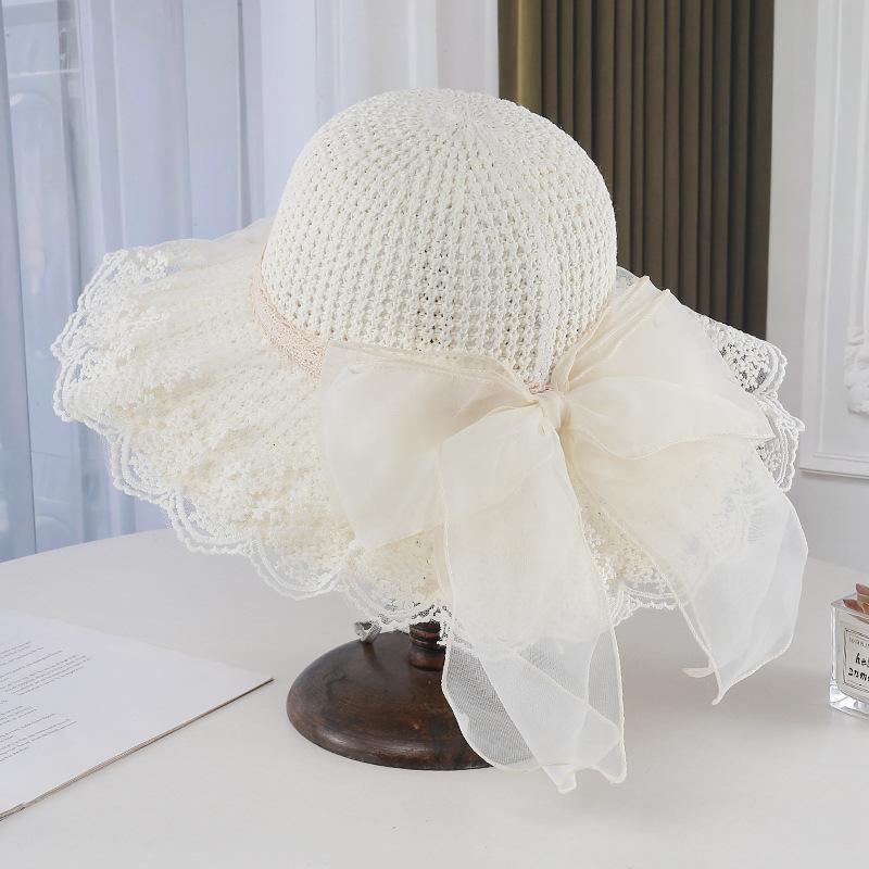 Lace Mesh Sun Hat Women'S Summer Eaves Straw Woven Sun Hat Foreign Style Bow Sun Hat