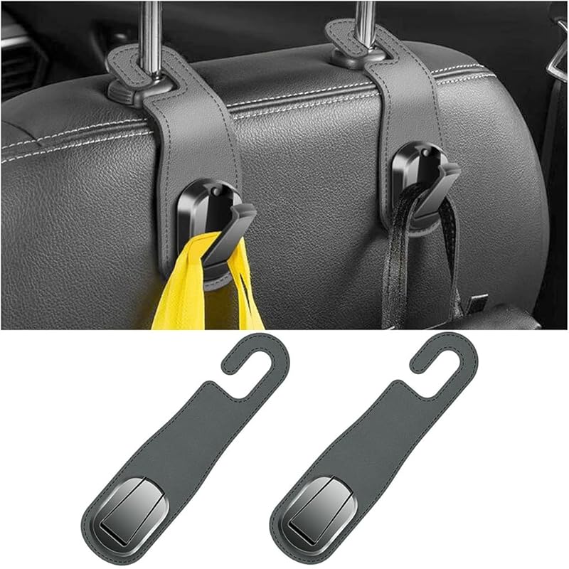 Car Headrest Hooks, 2PCS Leather Vehicle Seat Hangers for Handbag Coat Umbrellas, Multifunctional Automotive Hanging Storage Organizer Accessories,