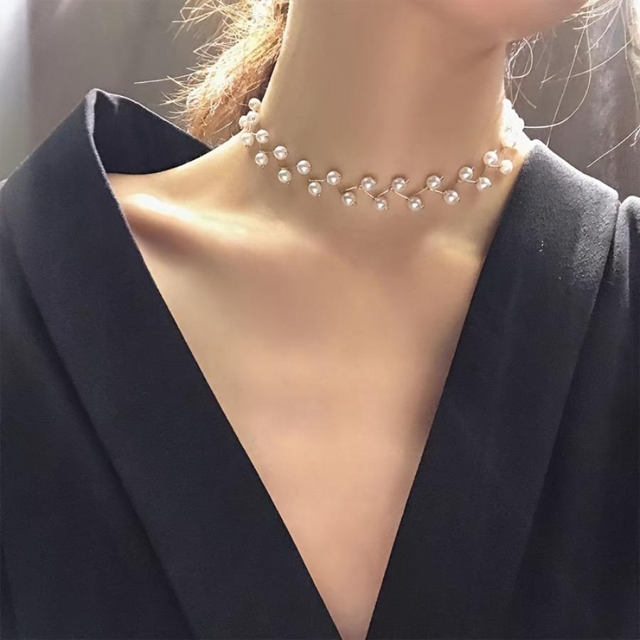 1pc Women's Elegant Thorn Imitation Pearl Choker Necklace, Golden Silvery Black, Bohemian Imitation Pearl Neck Chain