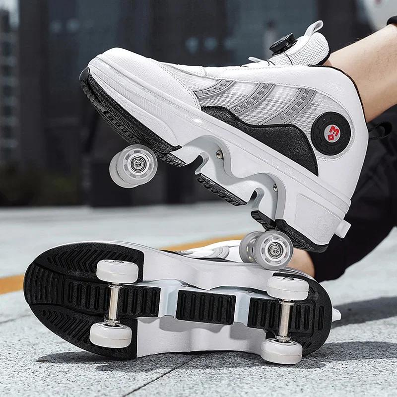 Unisex 4-Wheel Roller Skates Automatic Retractable Women's High Sneakers with Wheels Girls' Dual-Purpose Skating Sports Shoes
