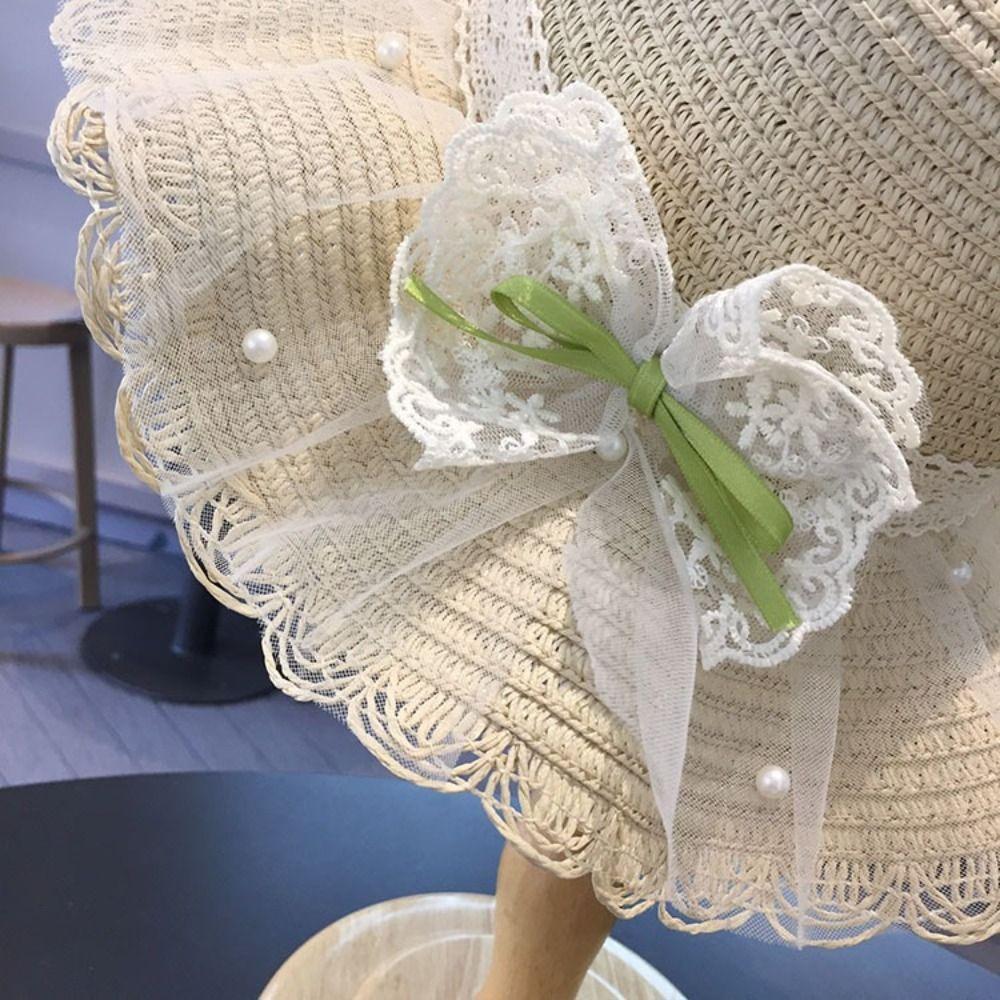 Wide Brim Children Straw Hat Lace Beach Bucket Cap New Beach Sun Hats  Beach
