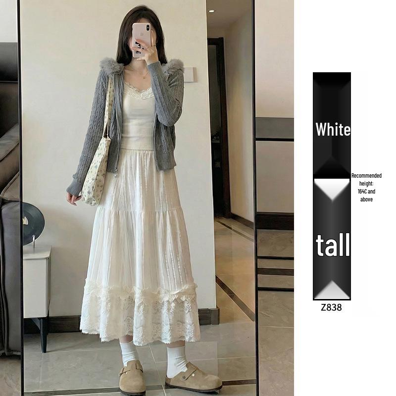 Women's White Lace High Waist A-line Umbrella Skirt - Mid-length Flare for Tall Figures