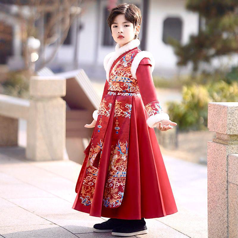 Winter Velour Hanfu: Children's Tang Suit, Young Master's Sinology Performance Attire In Classic Chinese Style