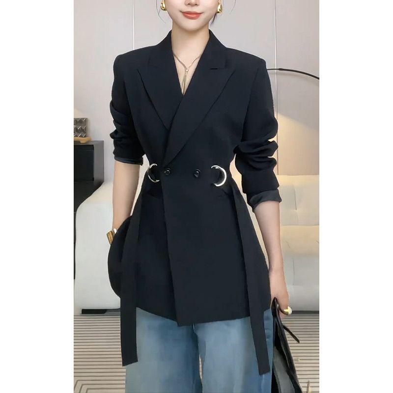 Damen Mode Blazer Koreanischer Stil Gürtel Taille Schmal Geschnitten Jacke Lässige Büro Oberbekleidung