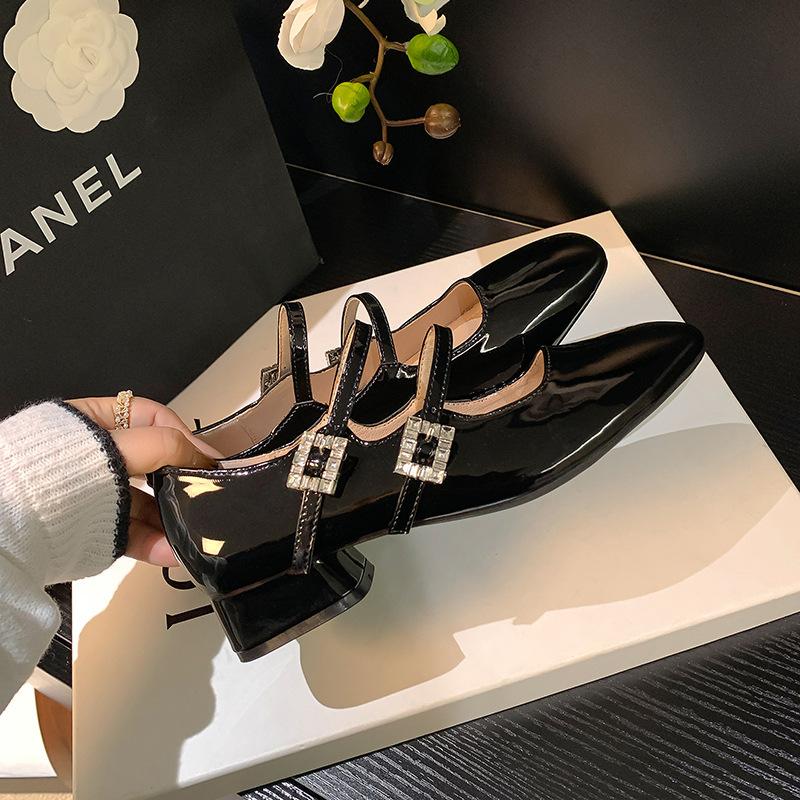 French Mary Jane Shoes Women's High Heel Black Patent Leather Summer 2025 New Square Head Rhinestone Buckle with Thick Heel Single Shoes