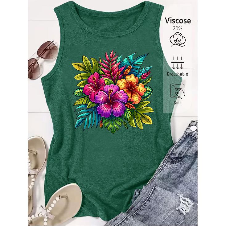 Elegant Vest for Women Tropical colorful hibiscus flower print casual loose summer vest Fashionable and elegant tops for commuting, vacation, and