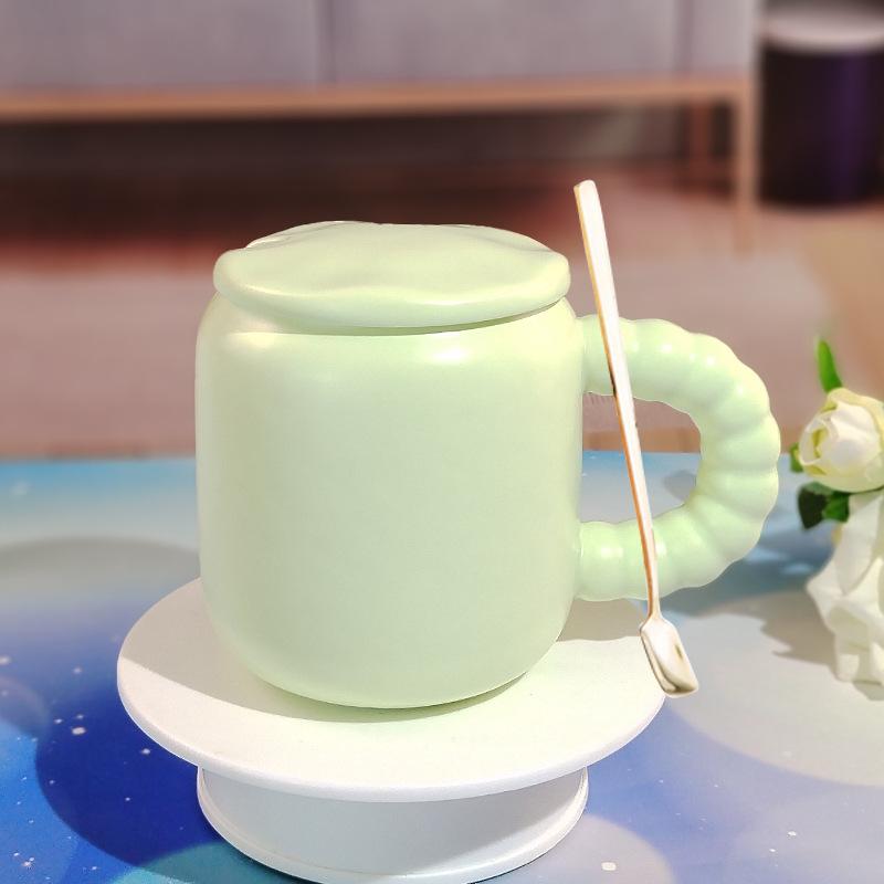 Candy-Colored Ceramic High-Value Men'S And Women'S Drinking Cups, Pearl Handles, Household Coffee Cups With Lids And Spoons