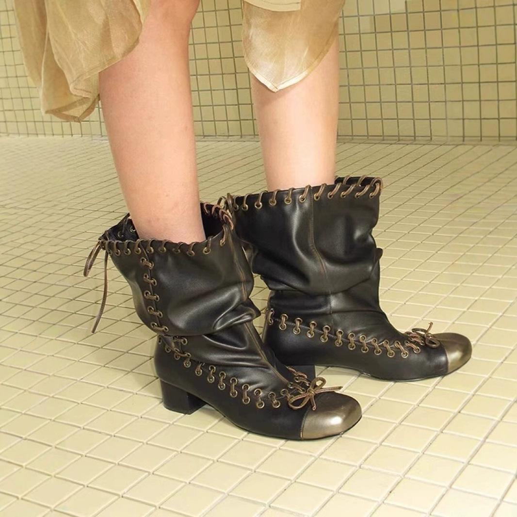 

Квадратный носок ремешок бант плиссированные модные ботинки ретро большой обхват голенища толстый каблук короткие ботинки панк стиль сборки ботинки средней длины женские 40