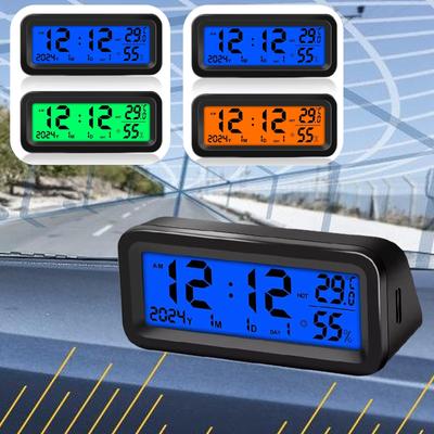 Digitální hodiny do auta na solární pohon s datem, týdnem, teplotou, vlhkostí, LCD podsvícený displej, palubní deska, automobilové lepící hodiny
