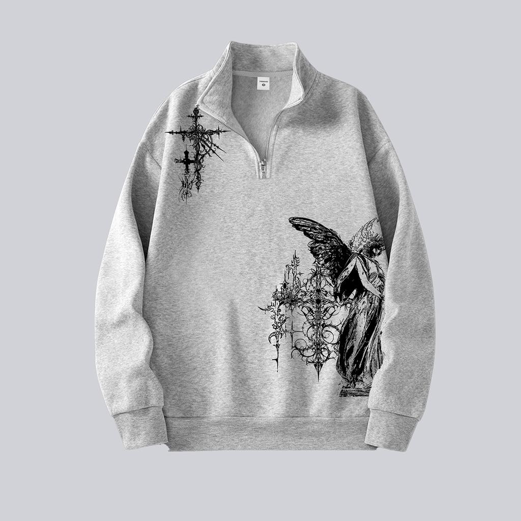Mens Quarter-Zip Pullover Long Sleeve Mock Neck Sweatshirt Unsex Y2K Gothic Printed Vintage Tops