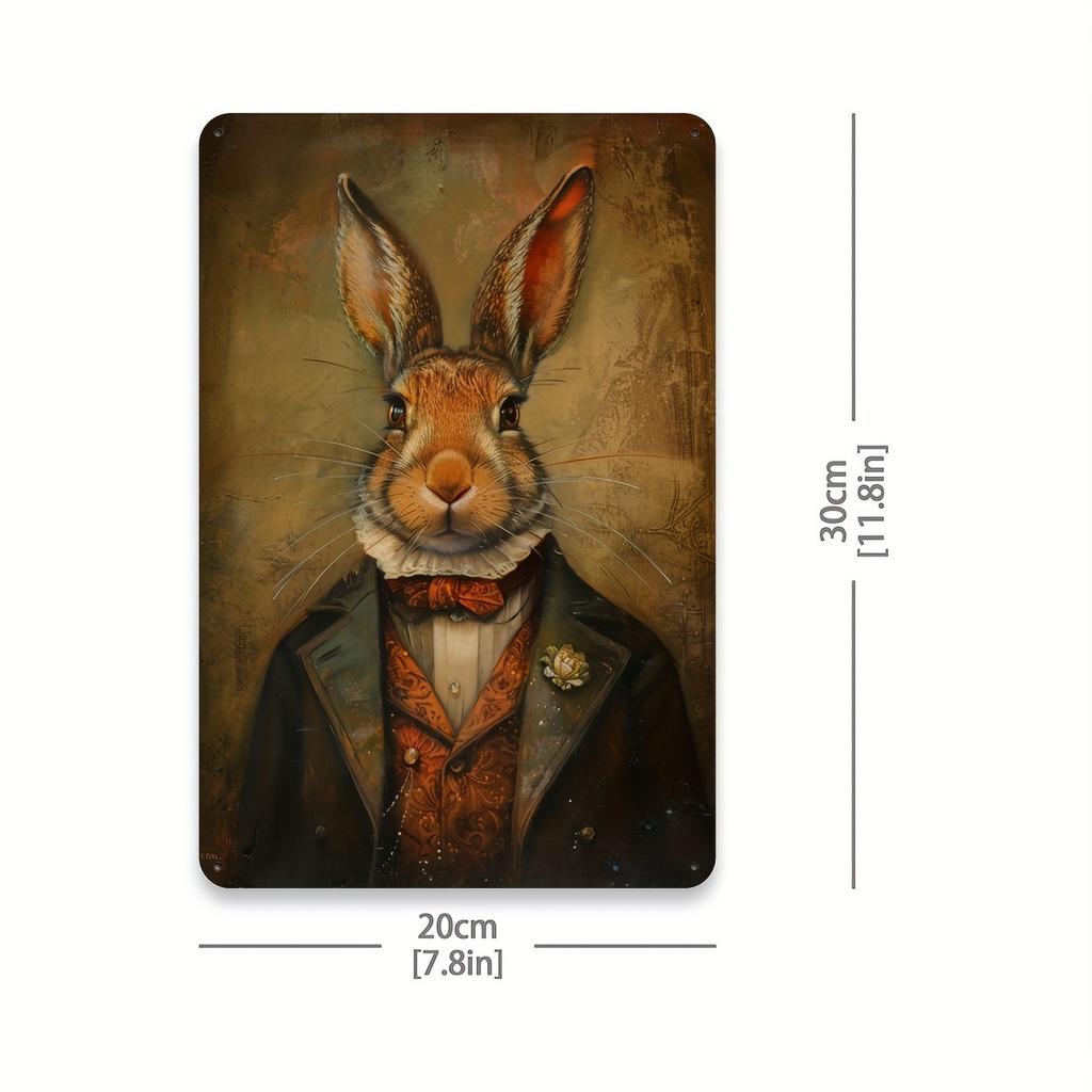 Elegant Gentleman Rabbit Vintage Metal Tin Sign: A Whimsical Wall Art Decoration for Dining Room, Home, Forest, or Garden Walls