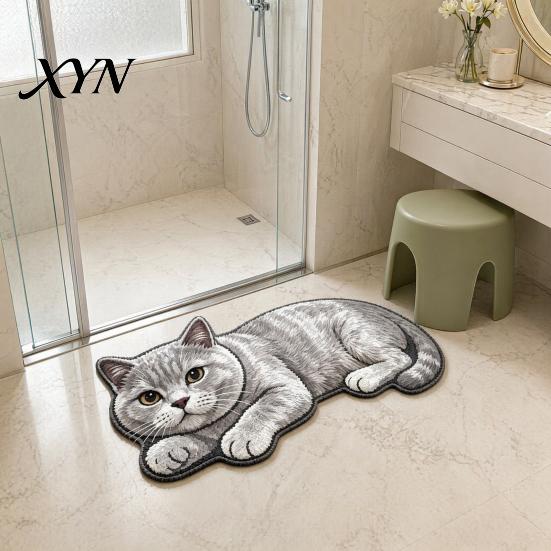 Indoor Absorbent Mat Cute Cat Bathroom Rug, Anti-Slip Bath Washable Plush Pet Themed Floor Rug Kitty Door for Entrance Kitchen Home Decor