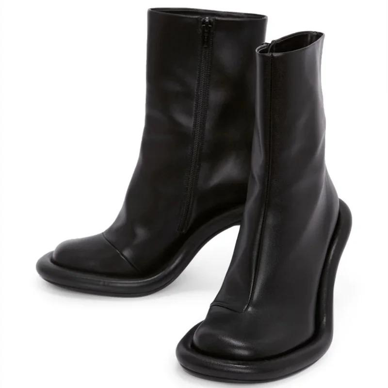 New Fashion Stiletto Heel Retro European And American Brand Side Zipper Denim Short Boots Platform Shoes  Shoes For Women