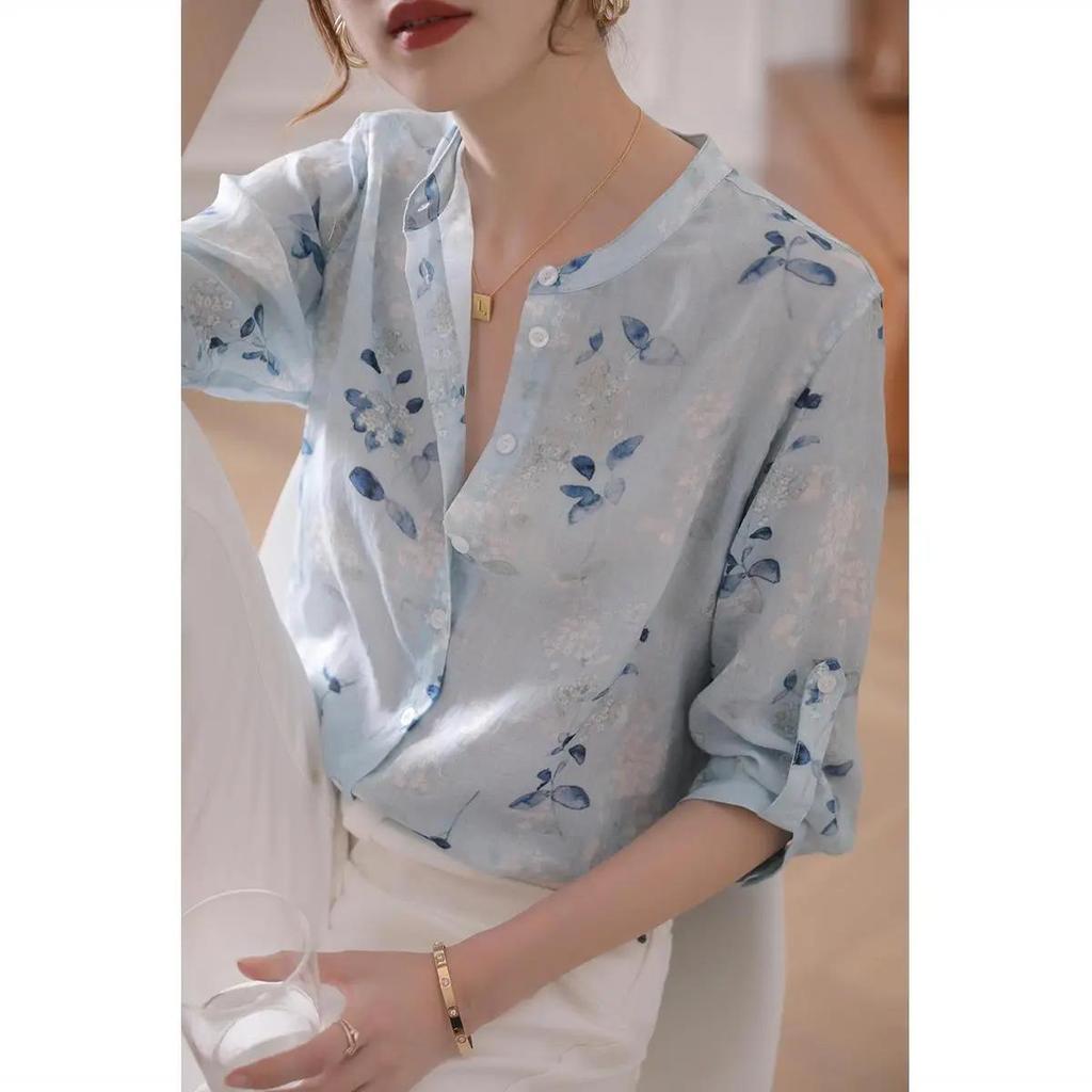Damen Sommer Bluse mit sieben geteilten Ärmeln, frisch, dünn, altersbeständig, einfaches Pendler-Knopfoberteil