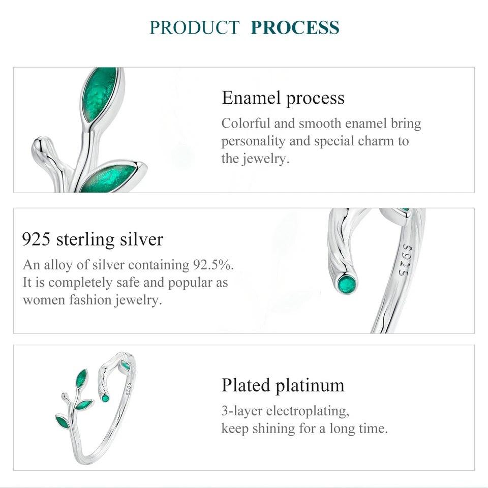 BAMOER 925 Sterling Silver Green Leaf Opening Ring Twig Adjustable Ring for Women Plated Platinum Fine Jewelry Gift