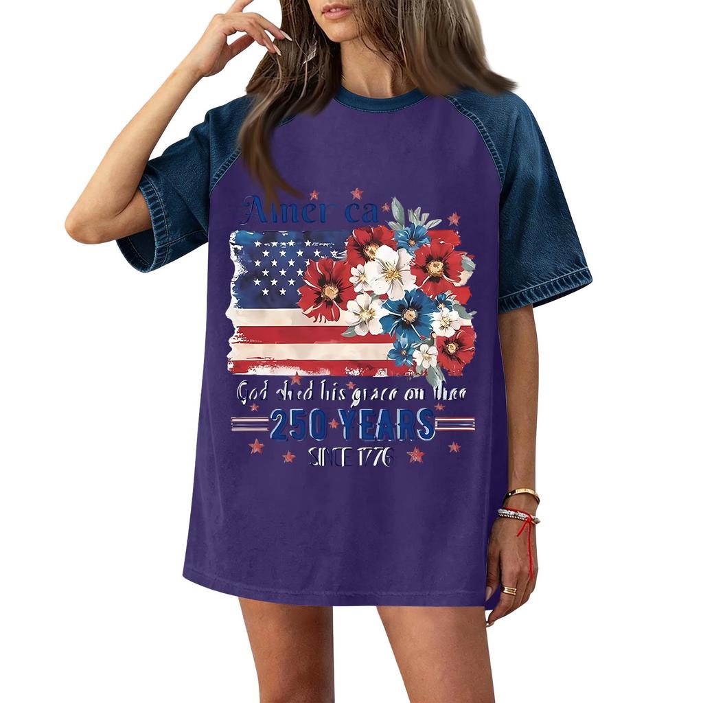 Denim Patchwork Shirts For Women Stand Collar Casual Blouse Short Sleeve Comfy Tshirt Spring Summer Fashion
