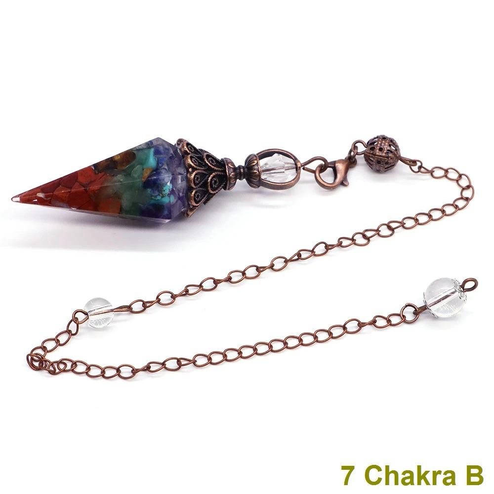 Antique Silver Seven Chakra Crystal Pendulum with Semi-Precious Chips and Resin Hexagonal Cone Pendant
