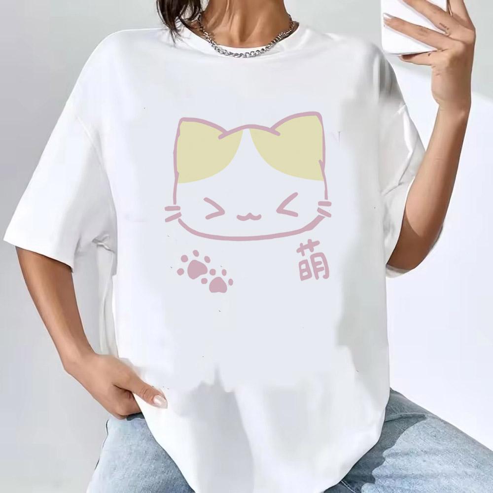 Y2k Aesthetic Summer Loose Cute Cat T-shirt Women Casual O Neck Japanese Cartoon Tops Short Sleeve Kawaii Sweet Harajuku Tees