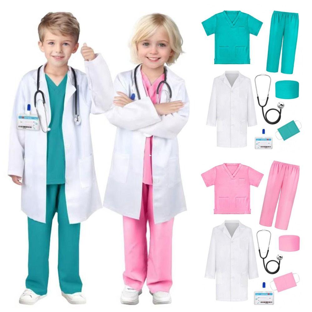 7PCS V Neck Surgical Children Doctor Costume Set Doctor Nurse Cosplay with Stethoscope Scrubs Surgical Suit