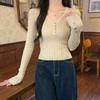 V-neck Button Design Temperament Sweater for Women AutumnNew Korean Style Slim Short Long-sleeved Top