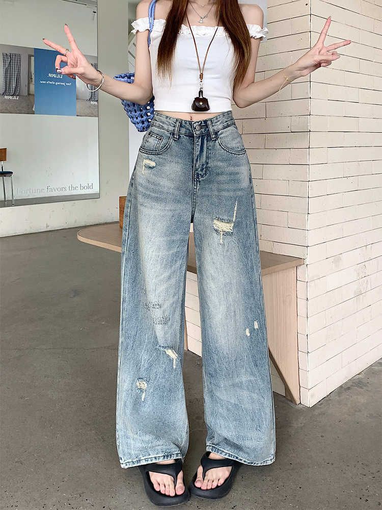 

Design Sense Broken Holes Big Size Jeans Women Wide Leg Trousers High Waist Loose Skinny Trailing Straight Trousers Jeans for Women Long Denim Pants 4XL