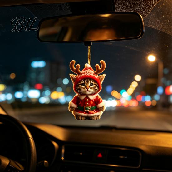 Holiday Gift Packaging Embellishments Santa Cat Christmas Ornament, Acrylic Car Mirror Hanging Decor with Rearview Accessories Reindeer Antlers,