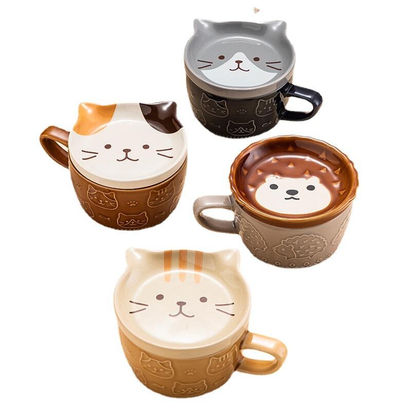 Cartoon Shiba Inu Katze Igel Deckeltasse Niedlich Relief Hoch-Hübsch Kaffeetasse Keramiktasse Milch Frühstückstasse