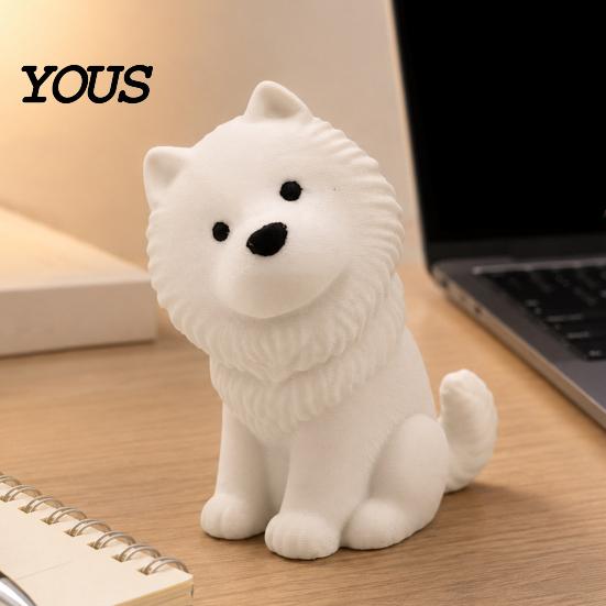 Realistic Dog Art Piece Cute Sitting Samoyed Figurine, 3D Printed Smiling Puppy Statue, Healing Gift for Owners Animal Desktop Ornament Home