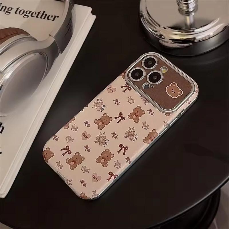 Sött tecknad rosettbjörn lädertextur mobilskal för iPhone17 16 15 14 13 12 11 Pro Max Plus kameralins skyddande stötsäkert fodral